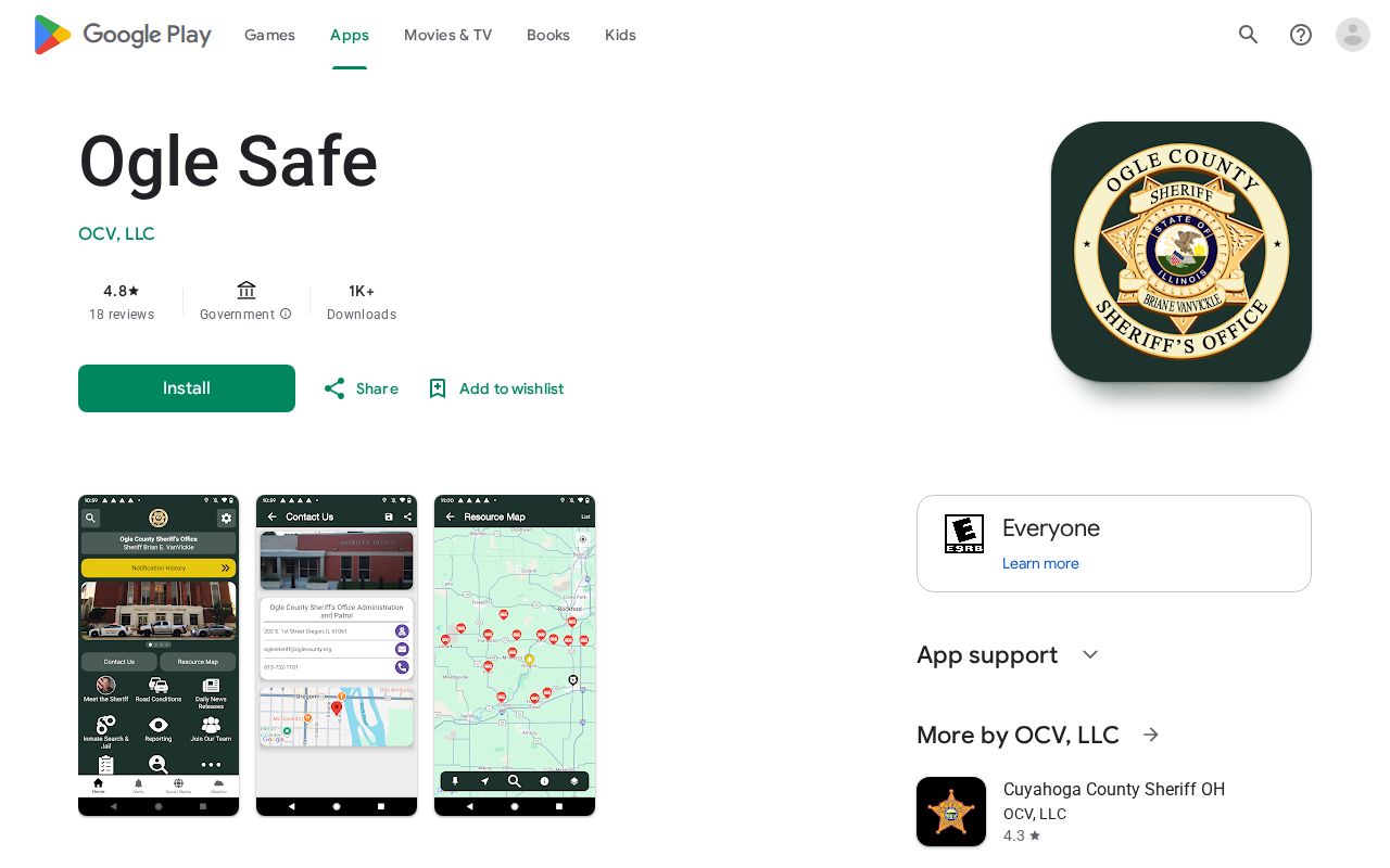 Ogle Safe app listing for sheriff-endorsed inmate search