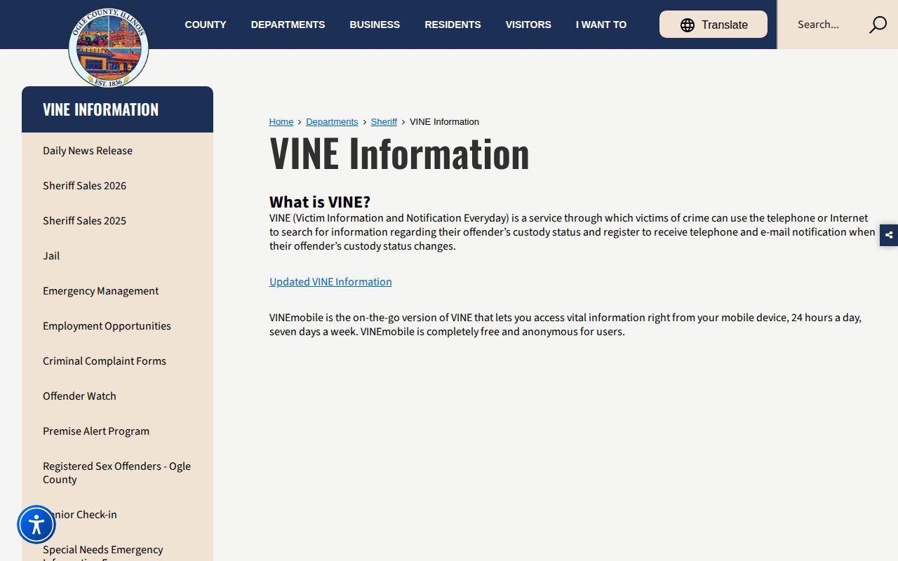 Ogle County Sheriff VINE custody and notification information