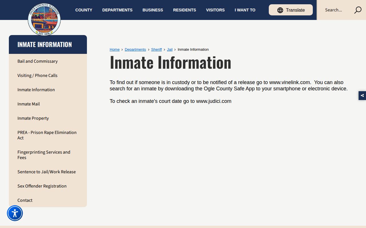 Ogle County inmate information directing users to VINE, Ogle Safe, and Judici