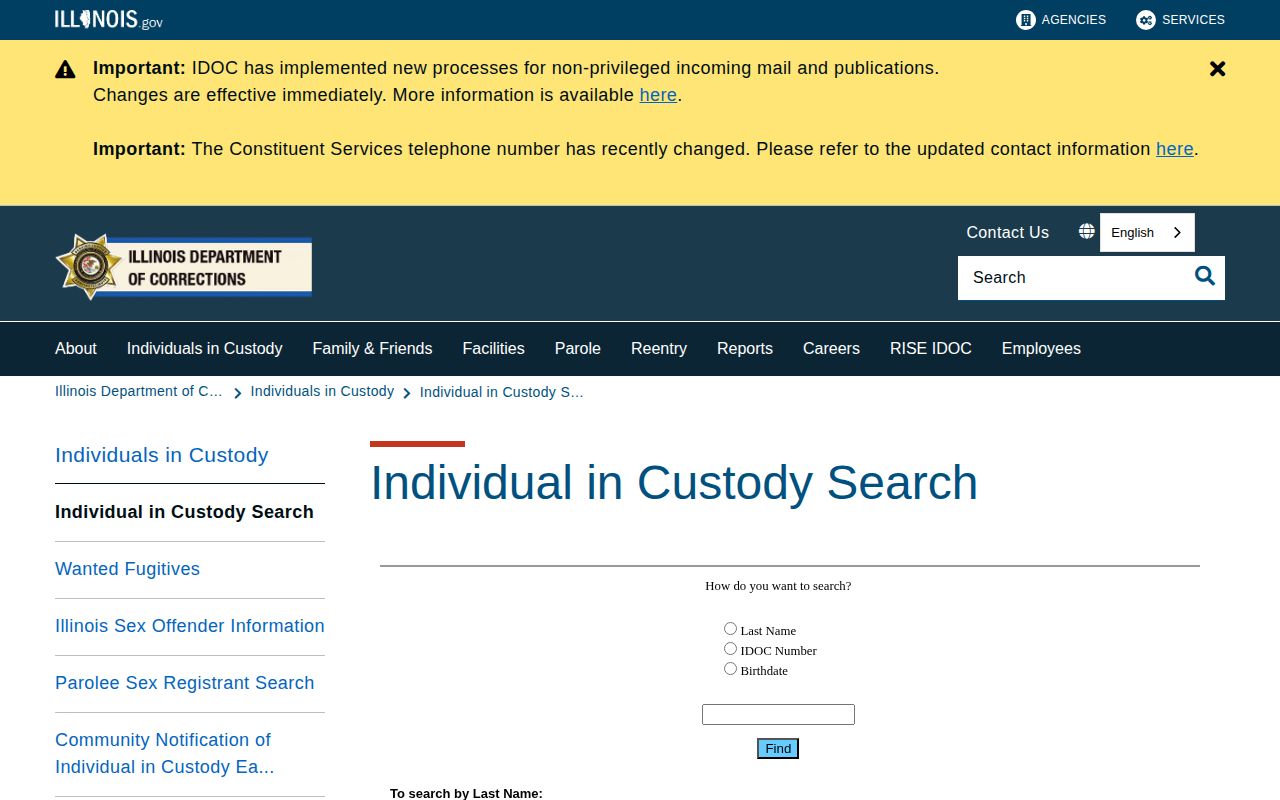 Illinois Department of Corrections inmate-search landing page
